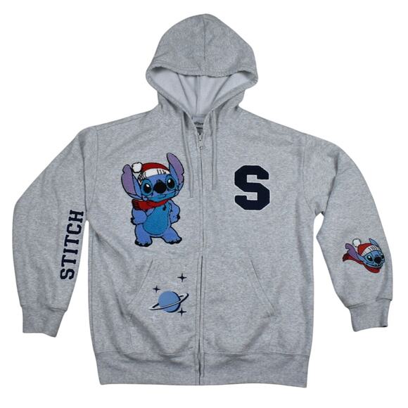 Disney Lilo & Stitch Santa Hat Christmas Gray Zip Up Hoodie sz medium loose fit - Picture 1 of 9
